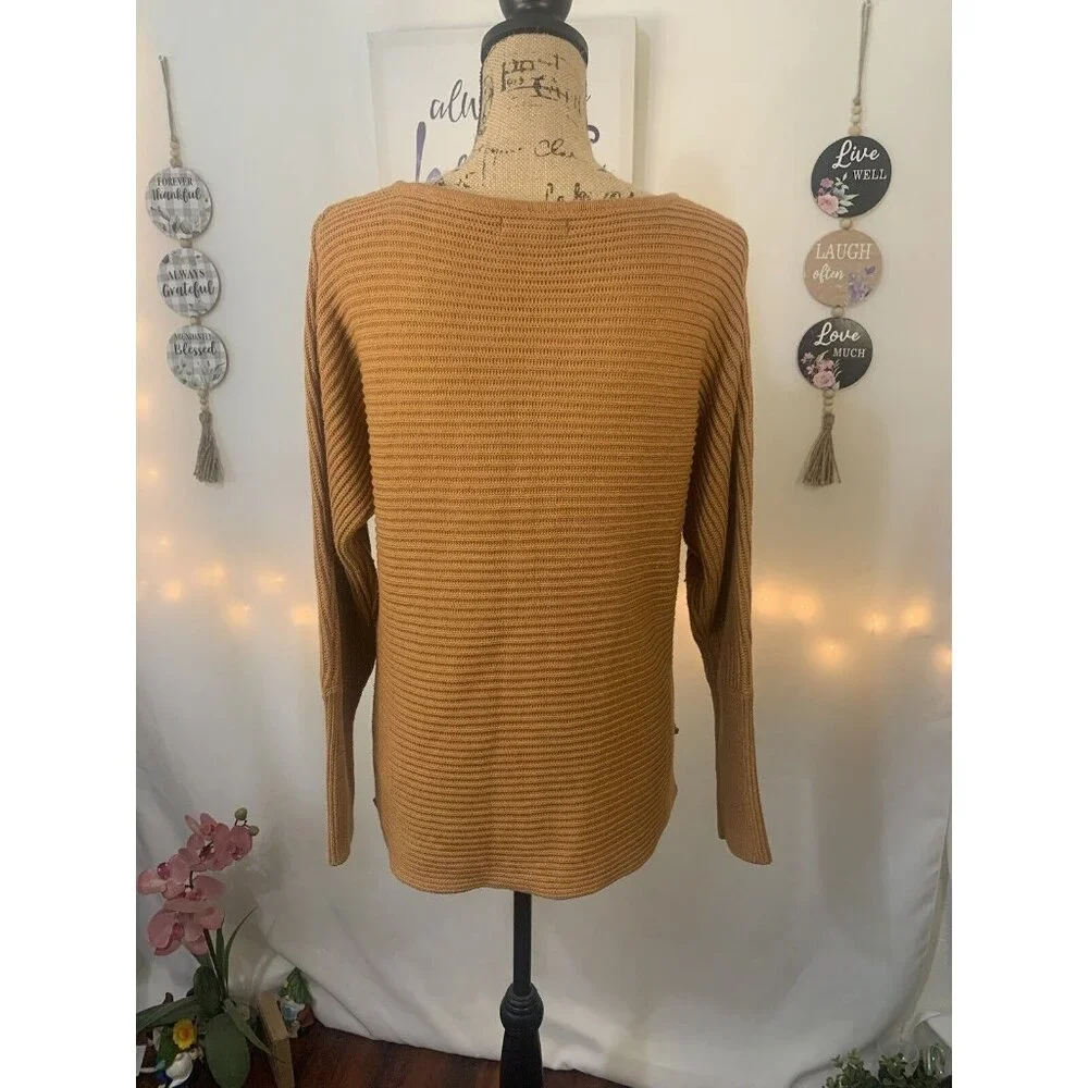 (B-67)Rachel Zoe Women’s L Camel Ribbed Knit Sweater Long Sleeve Cotton Blend Pu